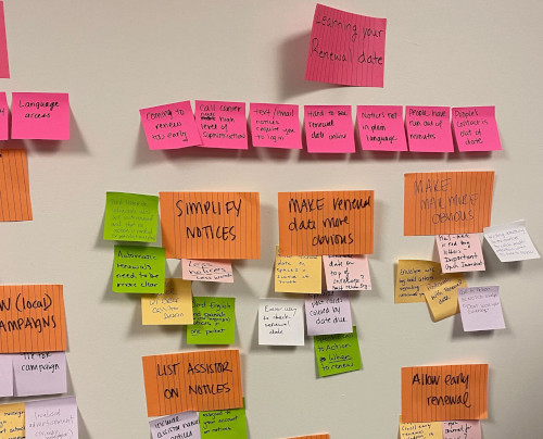 Multi-colored sticky notes on a wall, with notes of challenges and potential solutions to renewal problems. Examples include 'Simplify Notices', 'Make mail more obvious', and 'Allow early renewal'