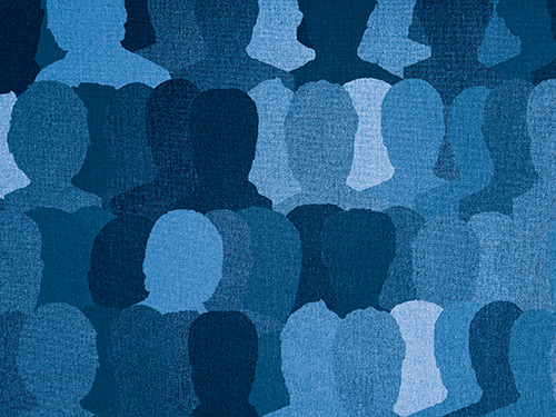 A graphic pattern including many silhouettes of the human heads in varying shades of blue